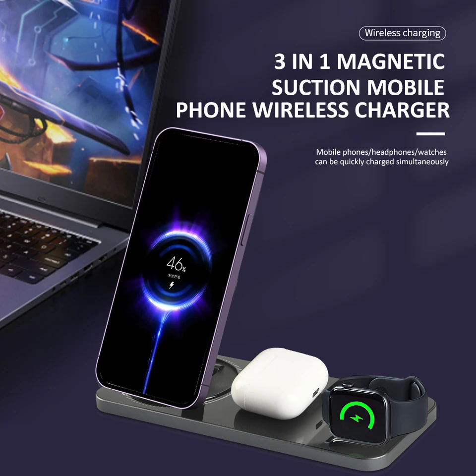Magnetic 3 v 1 Wireless Fast Beting Stand Desktop Wireless Magnetic Phone nabíjačky