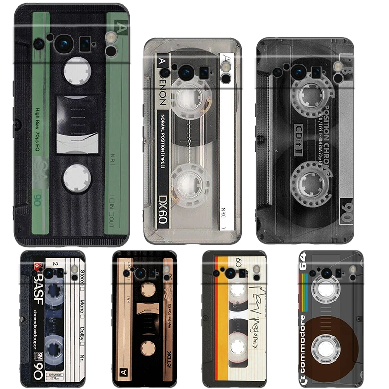 Magnetická rádiová páska kazety Puzdro pre telefón pre Google Pixel 9 8 7 6 Pro XL 8a 7a 6a TPU Shell Soft Shock -odolný čierny obal