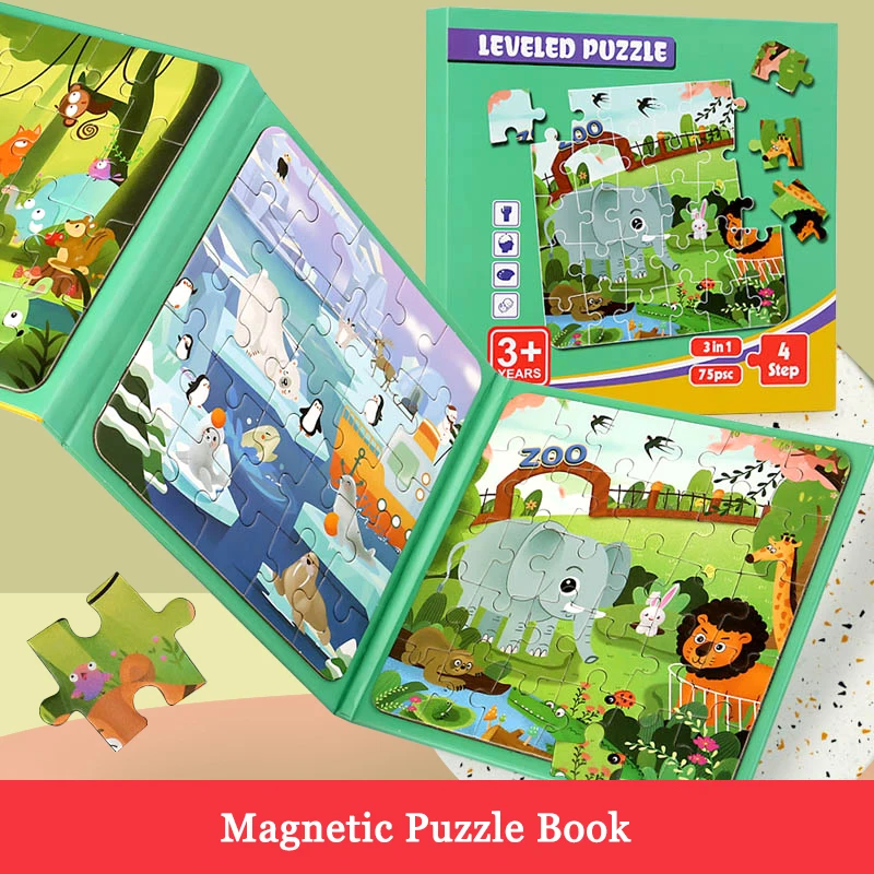 Magnetické hádanky hry pre deti zaneprázdnené tiché karikatúrne zvieratá Jigsaw Book Montessori Baby Educational Hračky pre deti pre deti