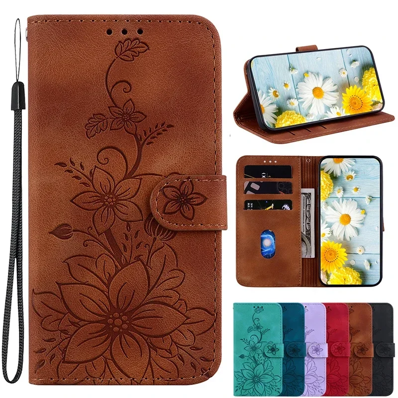 Magnetické kožené puzdro pre puzdro pre Tecno Pop 8 Pop 7 Pro Pop 5 LTE Pop 4 5 6 GO Phantom Xembossed Lilies Flip Cover Cover Wallet Case