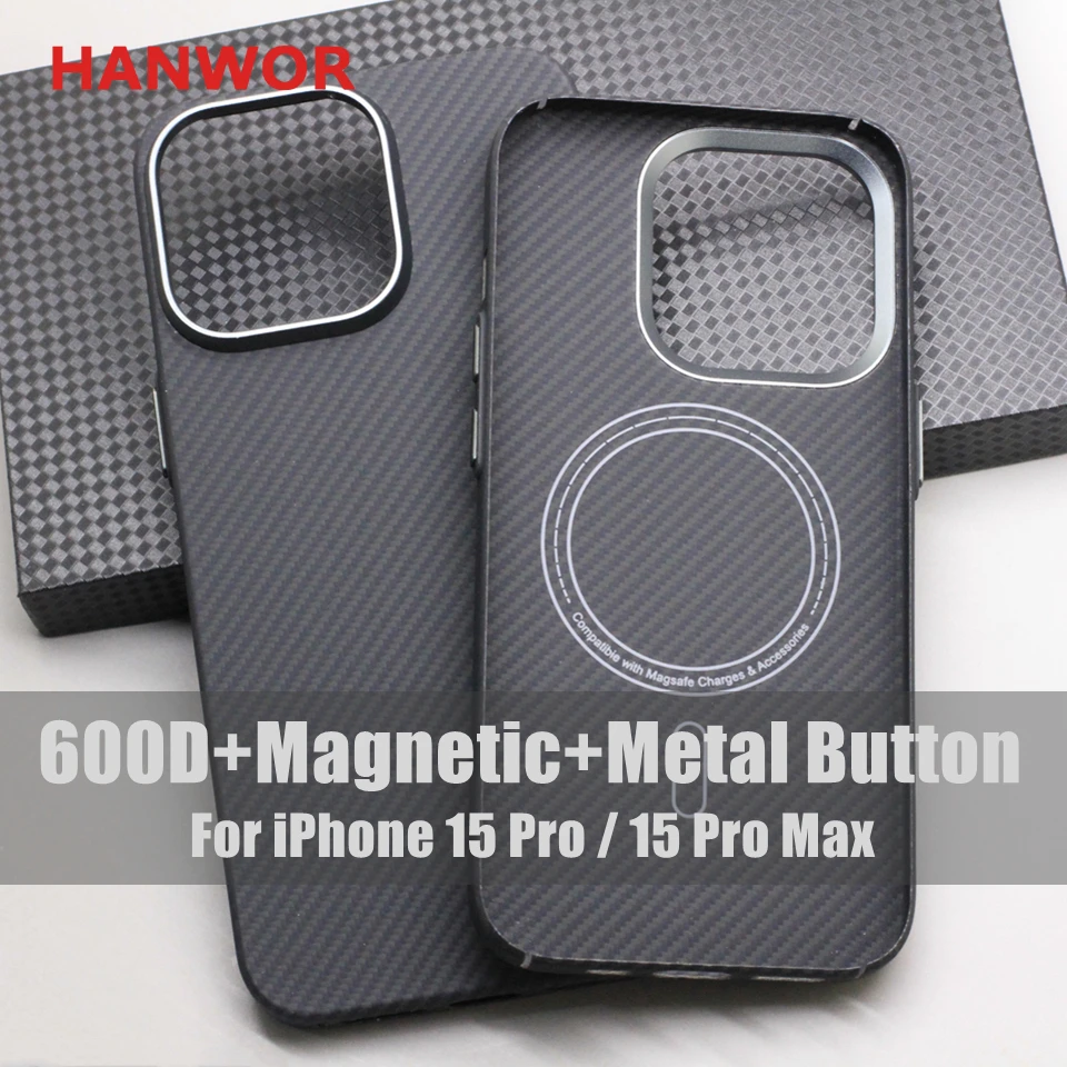 Magnetické puzdro pre uhlíkové vlákno Hanwor pre iPhone 15 Pro Max 15 Pro Metal Button 600d