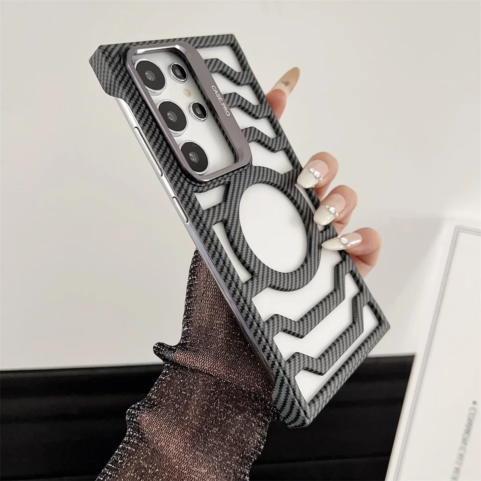 Magnetický rozptyl tepla bezrámový puzdro pre telefón Samsung S24 Ultra S24 Plus Luxusné uhlíkové vlákno Flip šošovky stojan na stojan