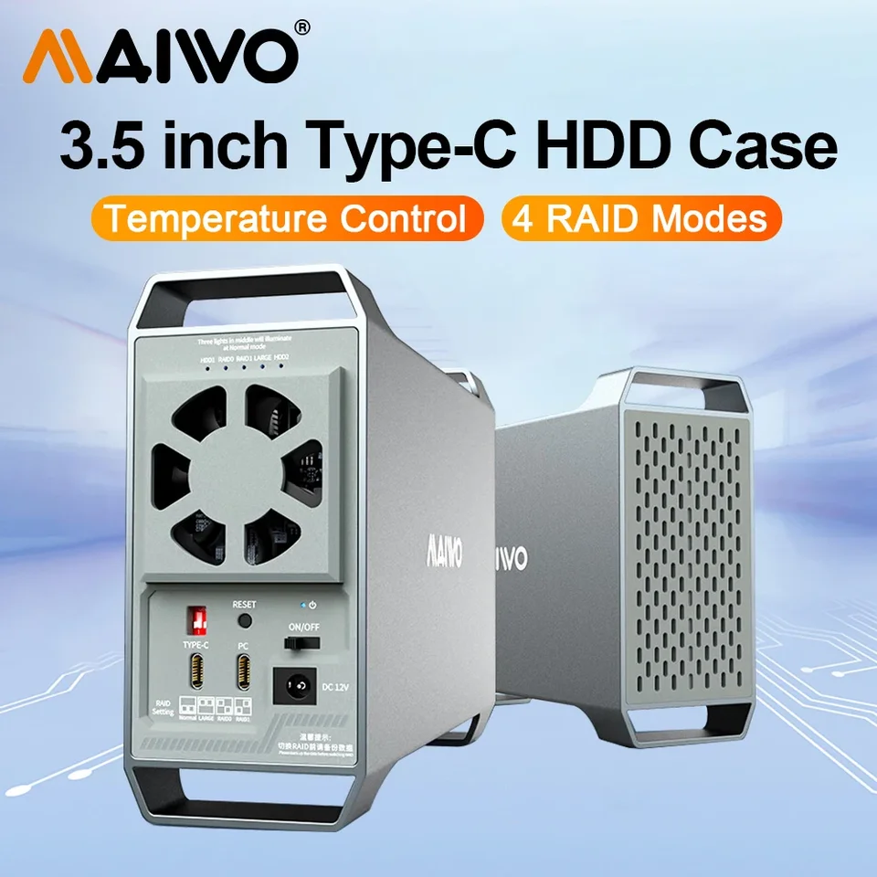 Maiwo 10 Gbps Dual Bay 3,5 palca Externý kryt na pevný disk so 4 nájazdovou inteligentnou teplotou kontrolovanou pre 2,5/3,5 palca HDD