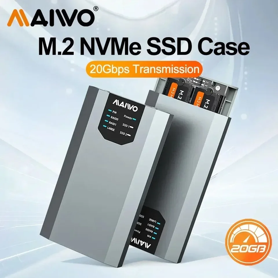 Maiwo 20 GBPS M.2 NVME SSD PASE DUAL BAY M2 NVME SSD CASE USB3.2 TYP-C GEN2 SKLADOVÁ SKLADOVÁ SHELL ALOY ALLOY