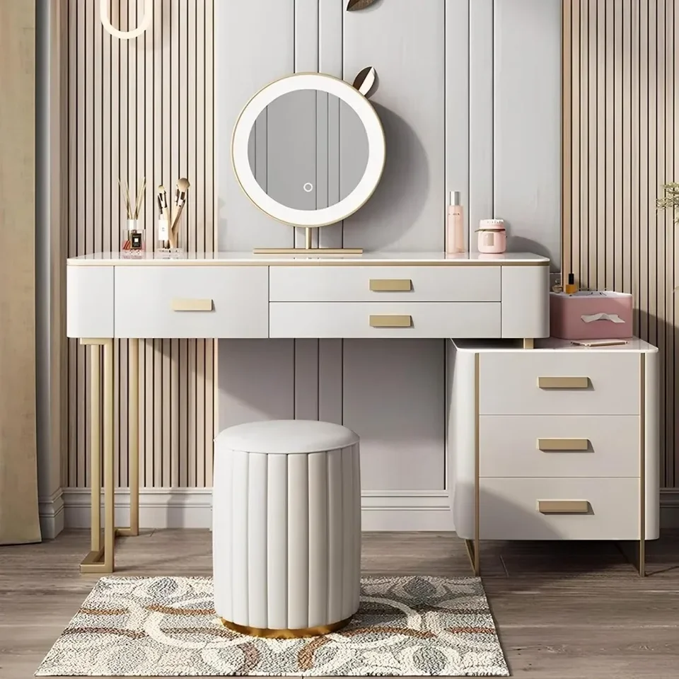 Make -up márnosť, biela márnosť s osvetleným zrkadlom, stolík v líčení so 6 zásuvkami a stoličkou, moderný toaletný stolík, márnosť