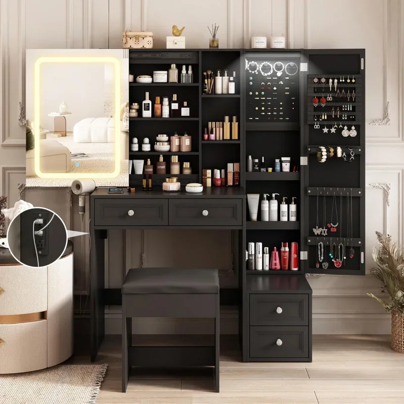 Makeup Desk LED osvetlené posuvné zrkadlo, márnosť stola s šperkovou skrinkou a 4 zásuvkami, nabíjacou stanicou a množstvom zásobníkov