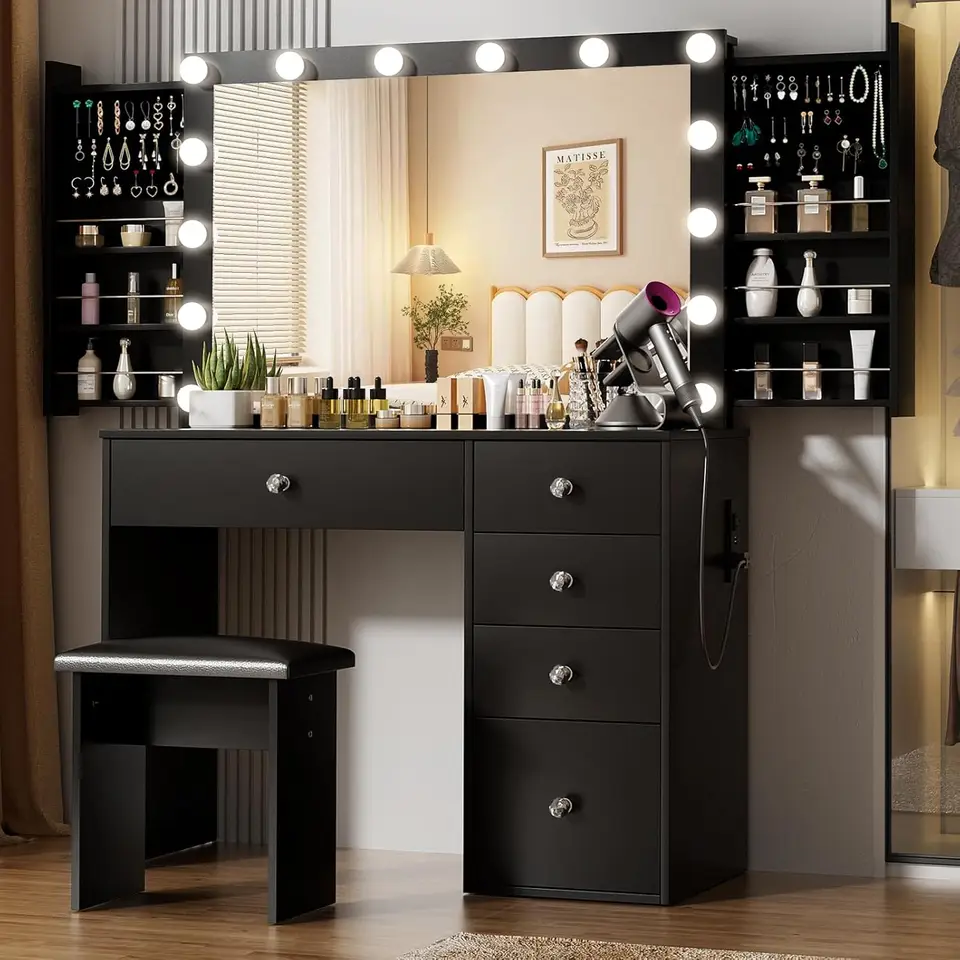 Makeup Vanity Desk s osvetleným zrkadlom a elektrickou zásuvkou, 3 farebné režimy, márnosť stola so zásuvkou, posuvné police pre spálňu (čierna)