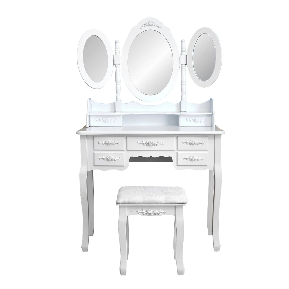 Makeup Vanity Table Set so 7 zásuvkami Tri-tordr Mirror Girls Dievčatá Drevené toaletné stolík Plniaca stolica Spálňa Furnitur (iba v USA)
