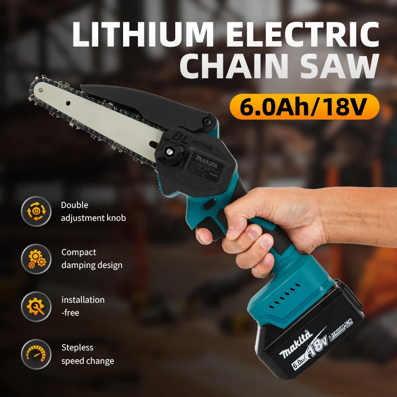 Makita 18 V 6-palcový reťazový píl na drevo s malým ručným elektrickým drevom Sawzall Mini Prenosná reťazová píla New