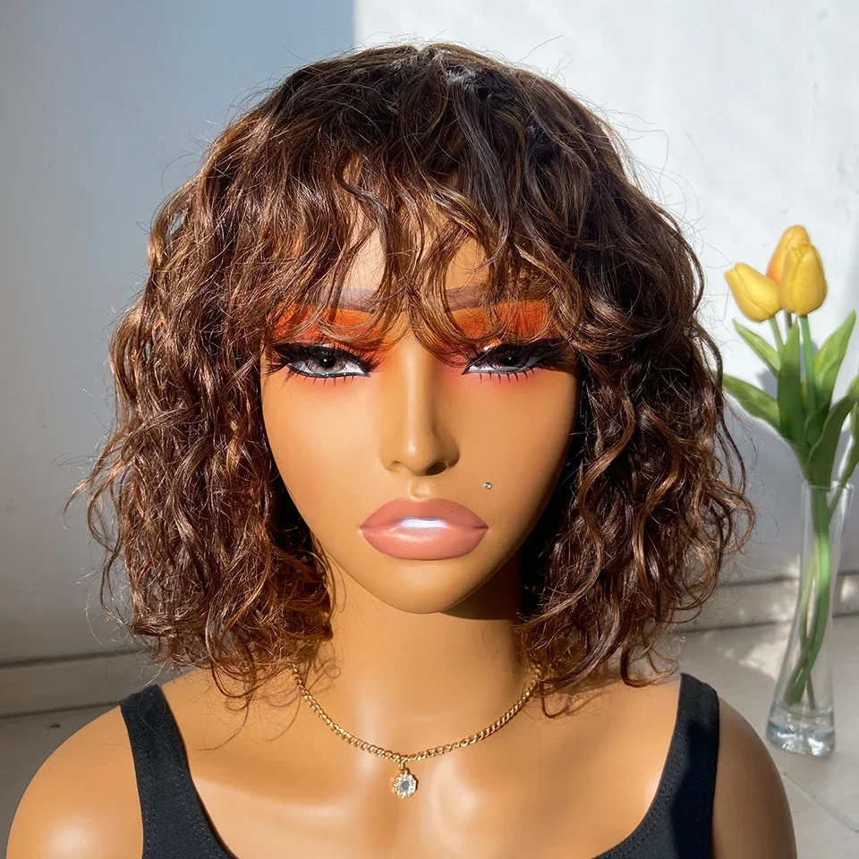 Malajzia Short Pixie Bob Cut Human Hair Parochňou s ranami Jerry Curly Non Lace Front Parochňa Hazder