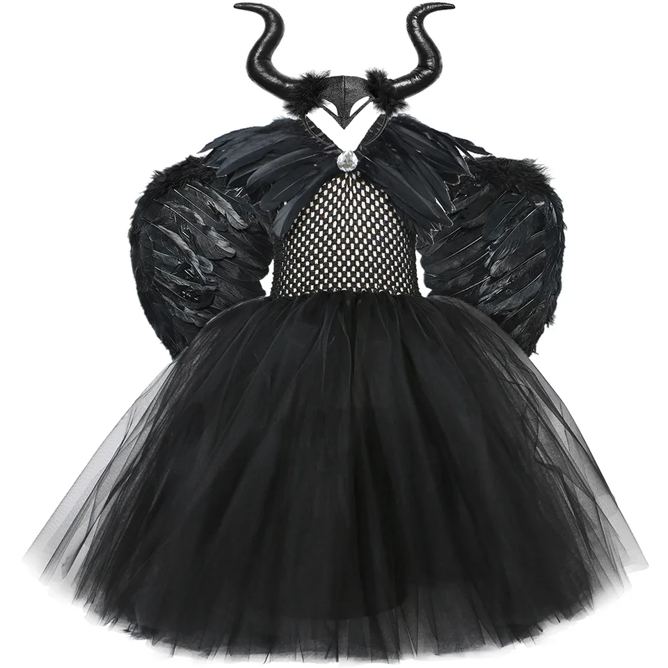 Malefice Halloween kostým pre deti Čierne zlo kráľovná tutu šaty diabol čarodejnícke cosplay dievčatá luxusné karnevalové oblečenie s rohmi krídla