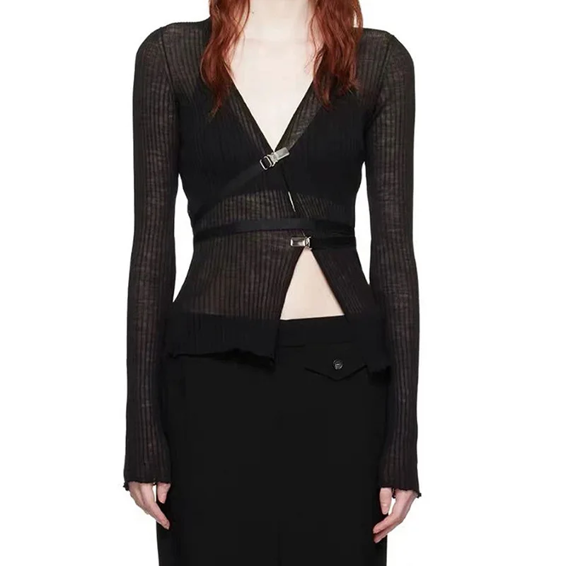 Mall Gothic Buckle V-Neck Sexy blúzky y2k punk s dlhým rukávom Priehľadné tričká