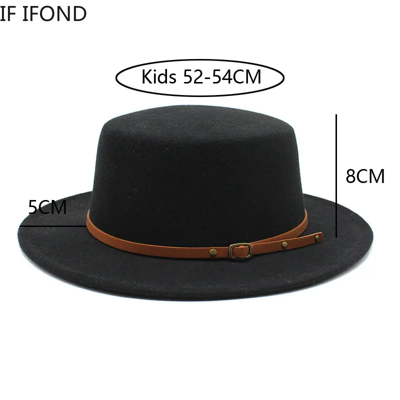 Malá veľkosť 52 -54 cm britský štýl dieťaťa Fedora klobúky Boy Girls Girls Deti Plochý top, cítil jazzový klobúk formálny večierok čiapka