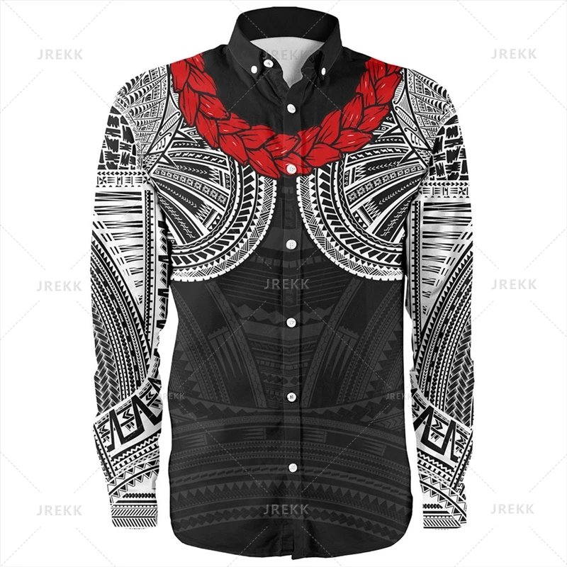 Malá veľkosť vintage 3d americký samoa znak Vytlačený s dlhým rukávom Men samoa kmeňové vzory Grafické klopne blúzky oblečenie