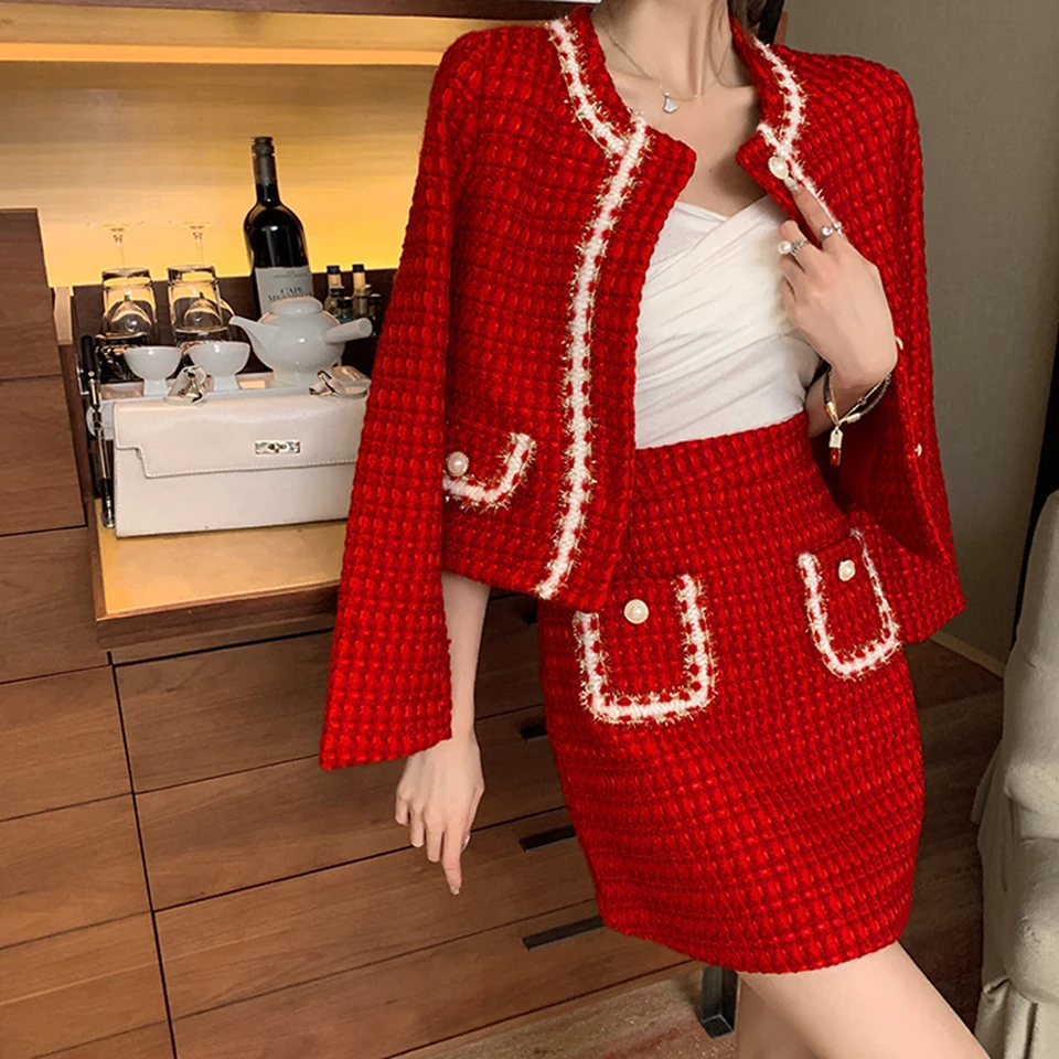 Malá vôňa veterná tvíd Tweed Dvojdielne set dámsky červený temperament orezaný kabát+mini sukňa štíhle priliehajúce elegantné elegantné obleky Spring