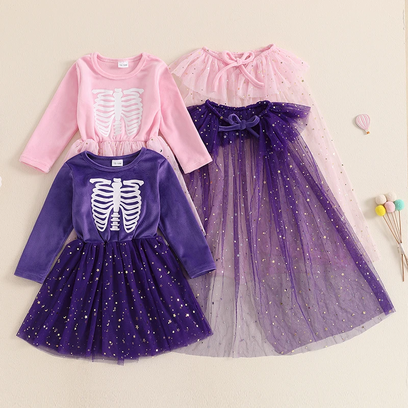 Malé dievčatká Halloween zamatové nafúknuté šaty šaty šatky kostrové tlače tlače Fliky okrúhle krk s dlhým rukávom Princezné šaty