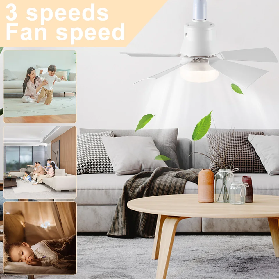 Malý biely stropný ventilátor diaľkové ovládanie 3 Rýchlosti E27 Tichý stropný ventilátor s lampou stmievateľné načasovanie do obývacej izby pre spálne kuchyňa