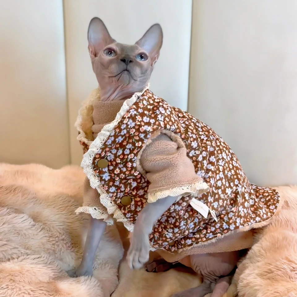 Malý kvetinový khaki bavlnená bunda s kabát pre sphynx mačku v zime hrubý teplý sveter pre mačiatka mäkký čipk