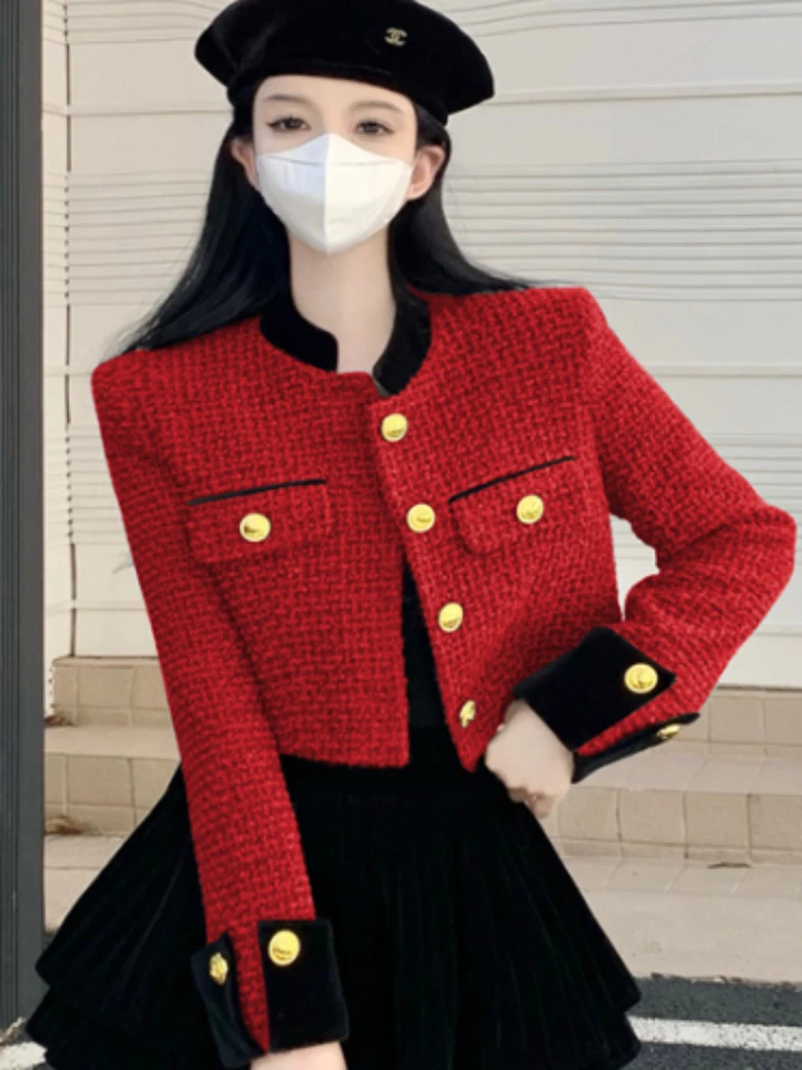 Malý voňavý kabát Chic Stand Tweed bunda Ženy Red Vintage Autumn Chaquetas Mujer Jaqueta Feminina Black Striped Cardigan