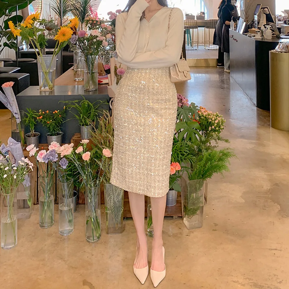 Malý voňavý vietor 2023 Jeseň Nová Tweed Sukňa Office Lady Mid-Dĺžka obchodného kotla s vysokým pásom Elegantná taška Hip One Step Sukňa