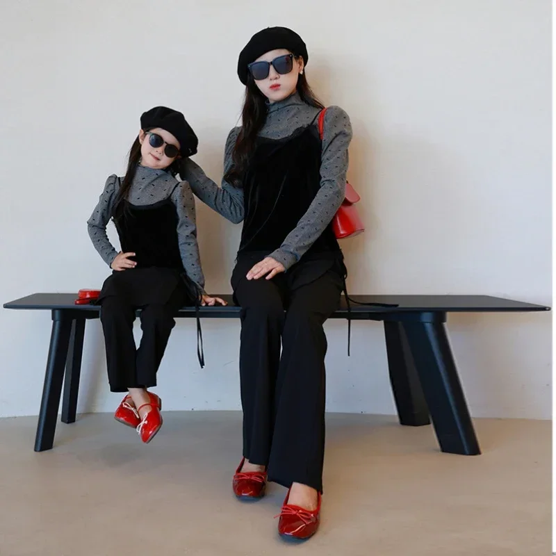 Mama a dievčatko Elegantné zodpovedajúce oblečenie Matka dcéra Rovnaké oblečenie múmia a ja zamatovú vestu s dlhým rukávom Pullover Pants Sets