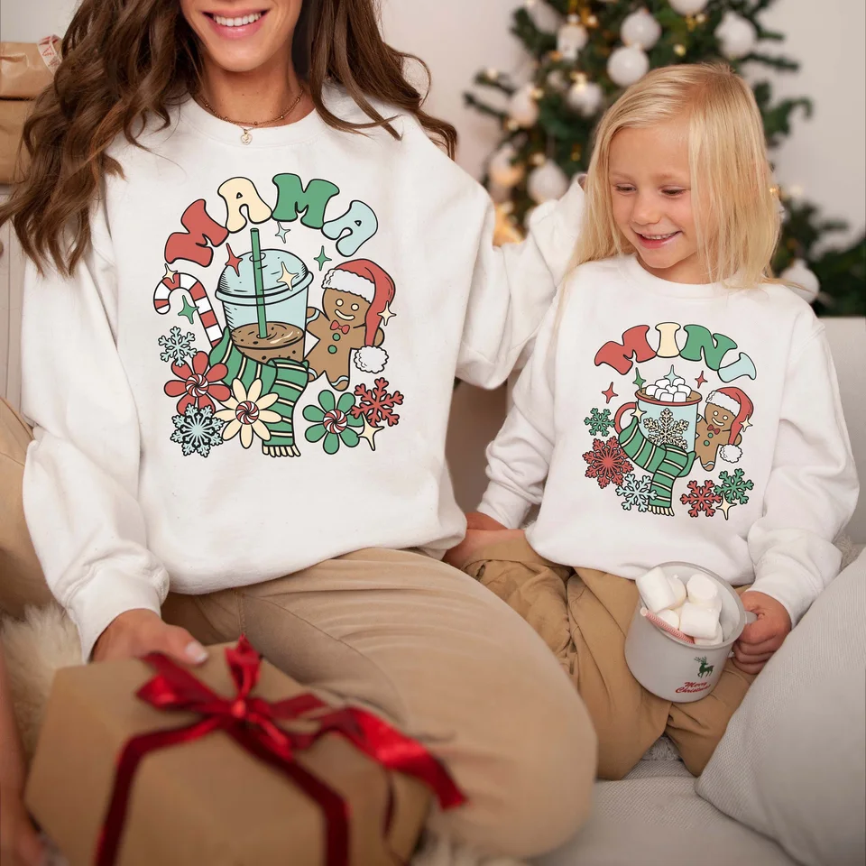 Mama Mini vianočný outfit mama Kids vianočné rodina zodpovedajúca mikiny zimná dovolenka s dlhým rukávom vianočné vianočné oblečenie