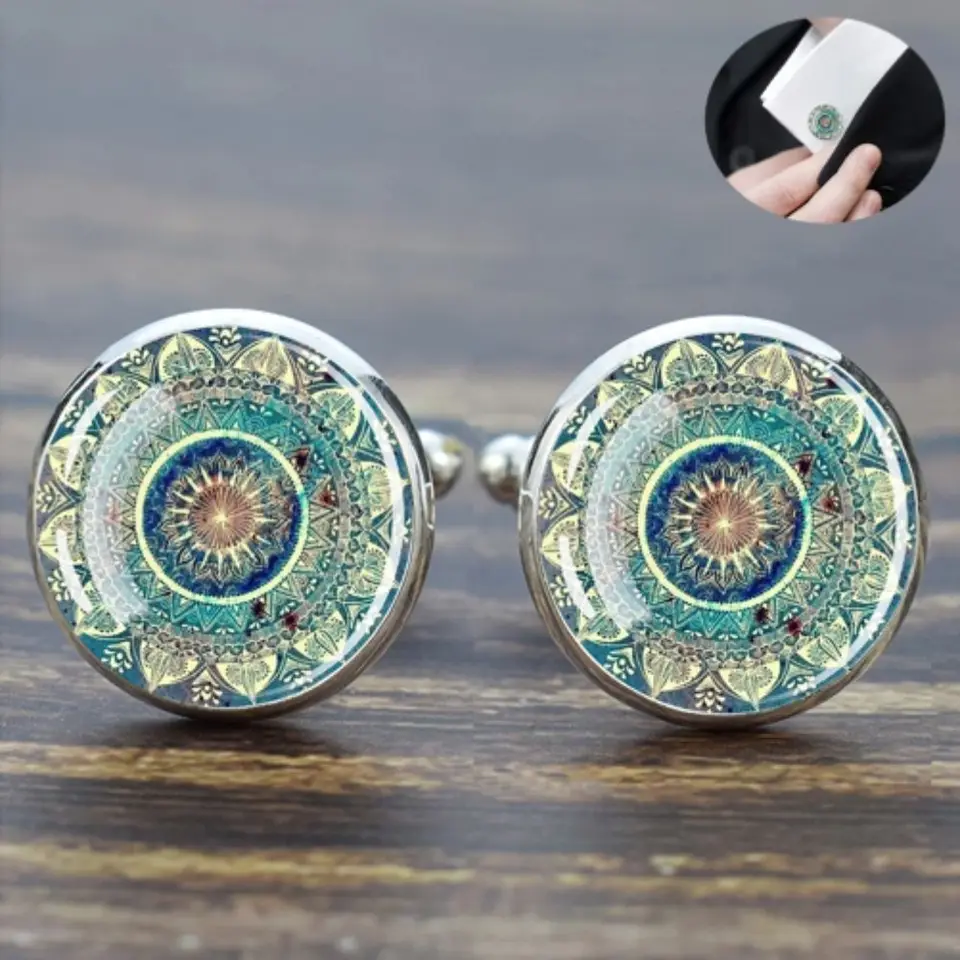 Mandala CuffLinks for Mens Luxury Datura Flower Glass Dome tričko Spojenia manžety Budhistické meditačné šperky pre mužov