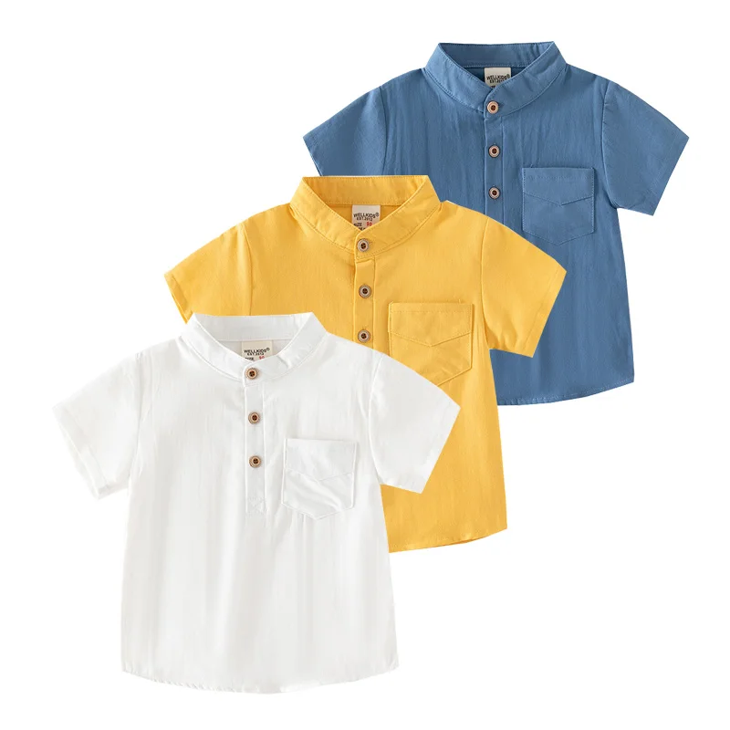 Mandarin Collar Boys košele letné bielizeň bavlna s krátkym rukávom Tshirts Tshirts detské vrcholy pre deti detské oblečenie