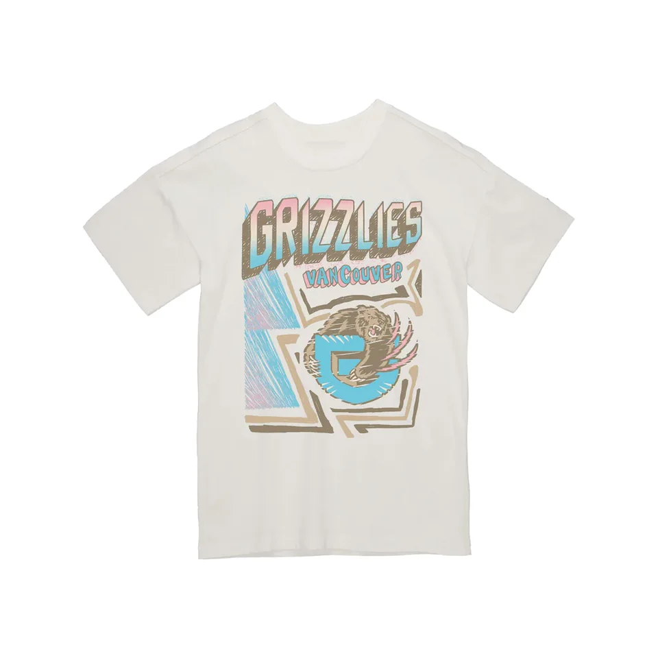M&N 260 gramov ťažkej bavlny! Krém Vancouver Grizzlies Sidewalk Sketch NBA tlačený vintage tričko nadmerne prevýšené mužské dámske topy