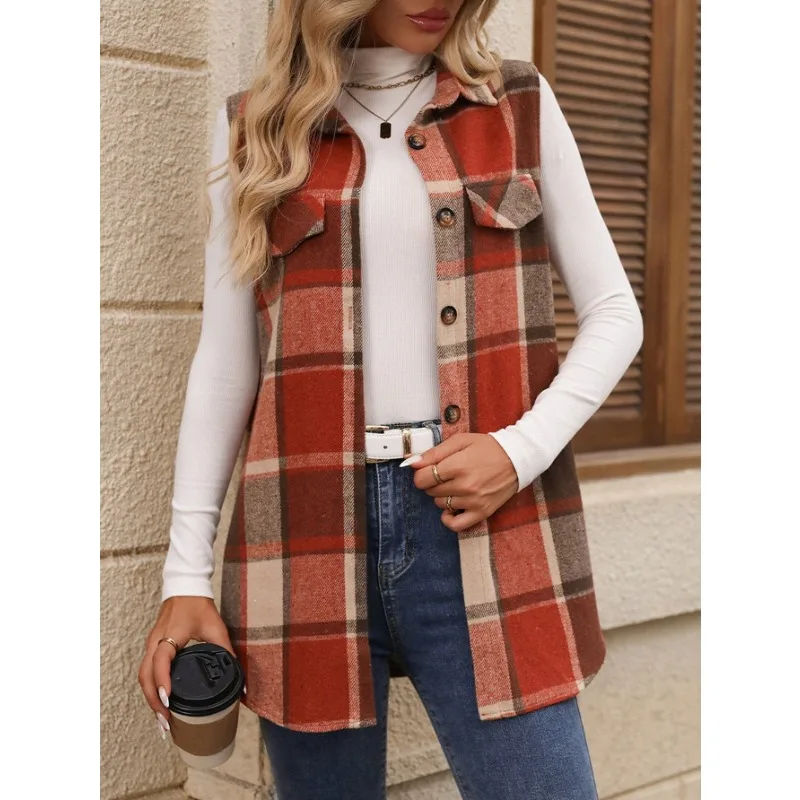 Mandylandy módne kockované vesta bez rukávov voľné kabáty Ženy Jeseň single Breasted Bundes Outwear Casual Streetwear bundy