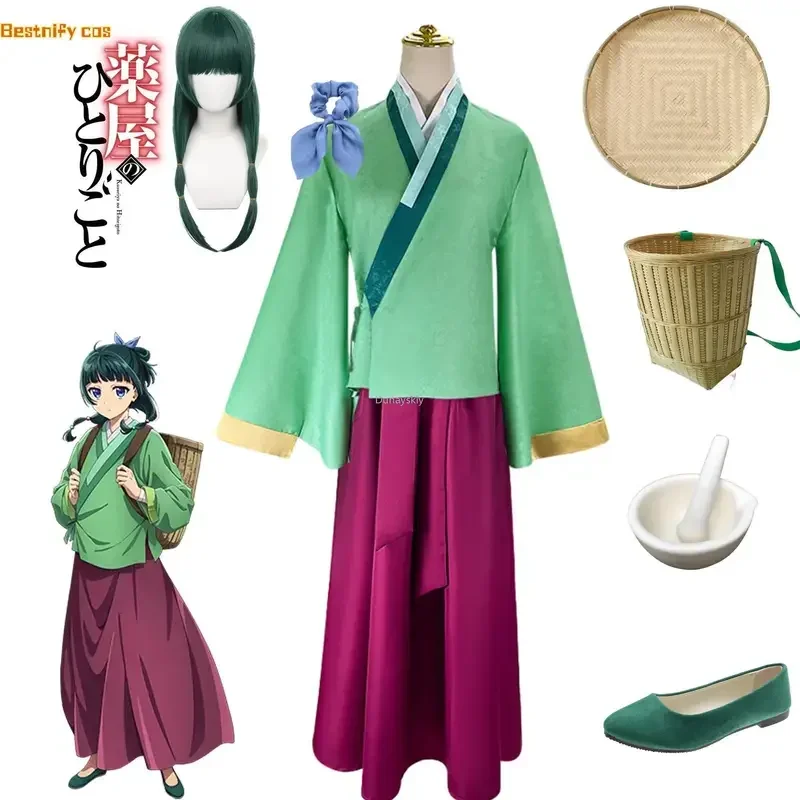 Maomao Cosplay kostýmové vrcholy sa obliekajú ApotheCary Diaries Mao Mao Green Wig Hair Shoe Halloween Roleplay Prop bambus kôš prop