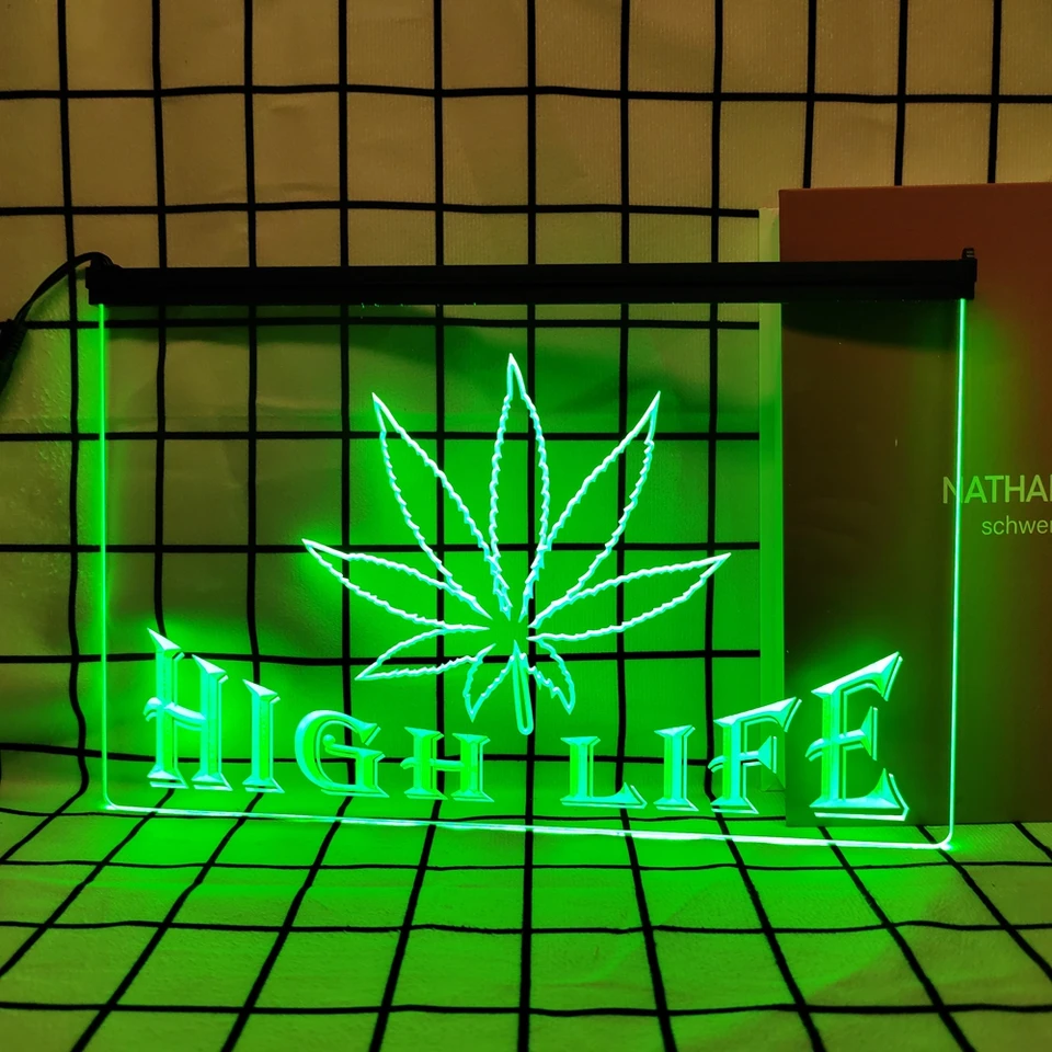Marijuana konopný list vysoký život bar retro vedený neónový znak domáci dekor s vintage plakety a plagáty pre kanceláriu miestnosti