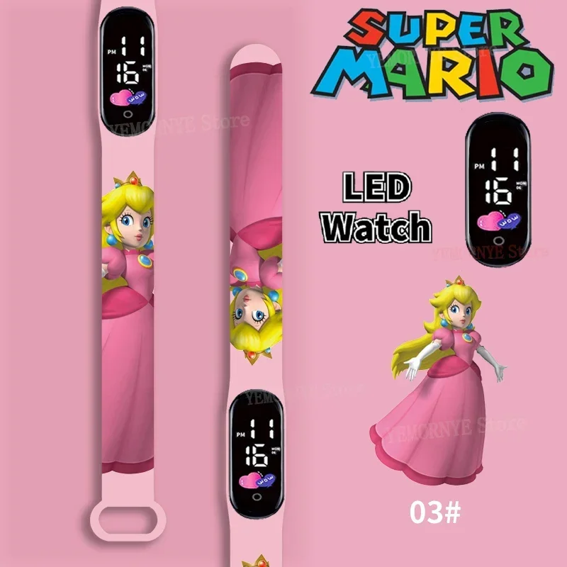 Mario Bros Detské hodinky Akčné figúrky Luigi princezná broskyňa Yoshi Bowser Kids Sport Witerpband Witerproof Digital Watch Toy