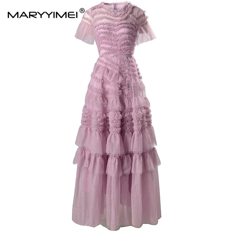 Maryyimei Fashion Autumn Dámske dámske šaty šaty zo sieťoviny Rukár Rukáv Edil Tree Plesňové pruhované večerné ples S-3xl Šaty