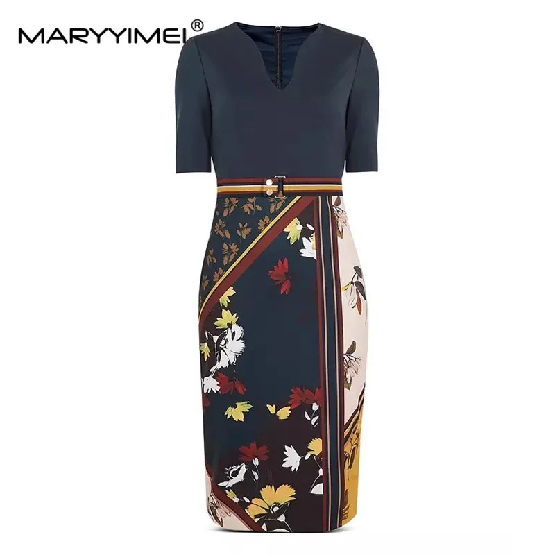 Maryyimei Fashion Designer Summer Dámske šaty V-krk s krátkym rukávom s kvetinovým tlačidlom