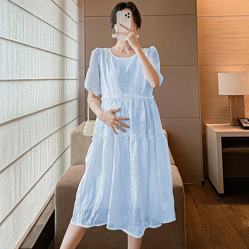 Materské odevy obyčajné šaty Ženy Jacquard Lantern Ruckve Dress Moderné rukávy Puff Ruckes kvetinové príležitostné prírodné materské šaty