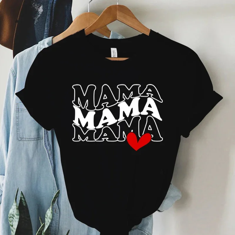 Matkine tričká Grafická dutá čierna biela tlačiareň efekt mama krátke rukávy Red Love Heart Y2K módne mikiny tričko Žena žena