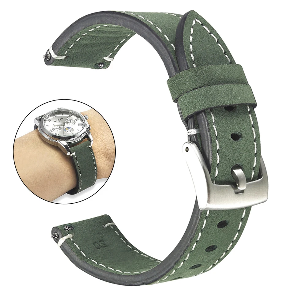 Matné kožné hodinky pásy Men Ženy 20 mm 21 mm matné kožené hodinky Zelené unisex mäkké hodinky náramky Príslušenstvo
