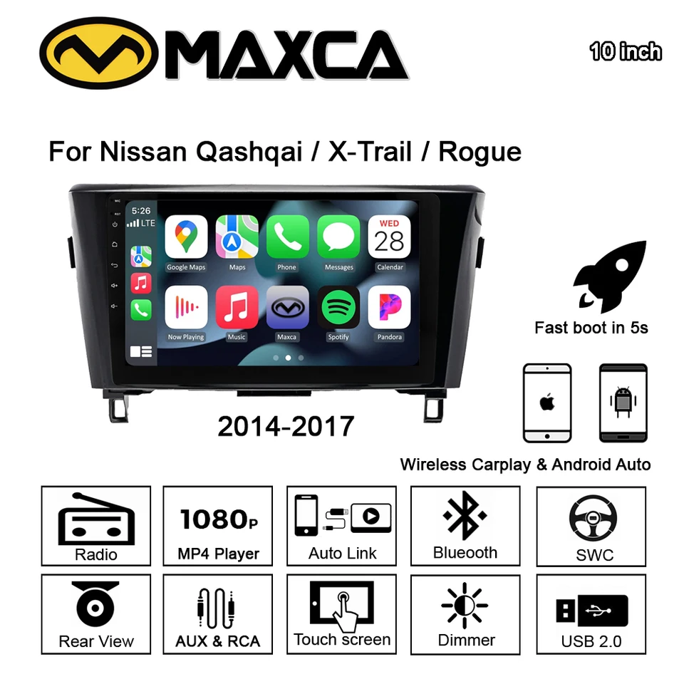 Maxca 10 palcov Nissan Rogue XTrail Qashqai Wireless CarPlay Android Auto 2 DIN Radio Mirror Link Multimedia Player Player