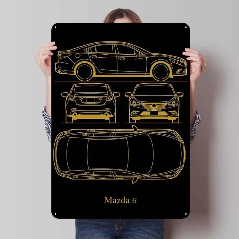 Mazda 6 Blueprint Zlato Tinkplate Znaky auta Plagátová spálňa Dekorácie Obýva