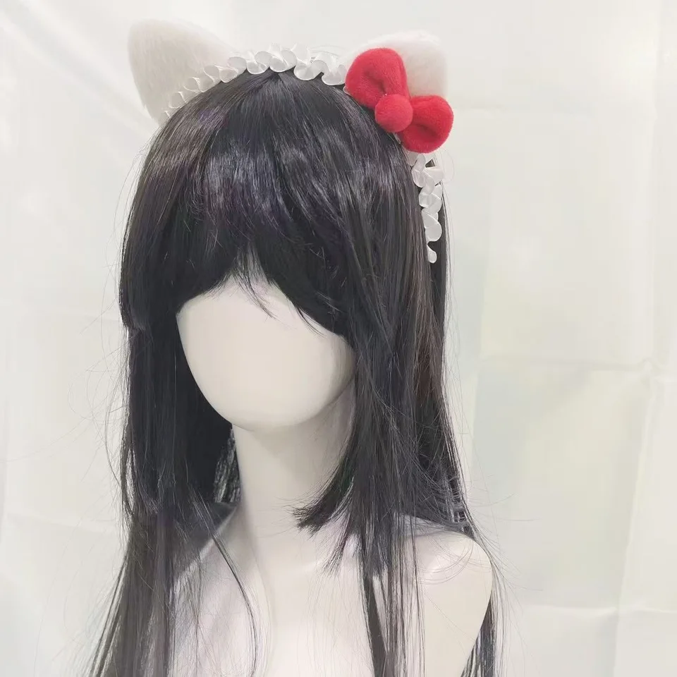Mačka biela ručne vyrábaná vlasová obruč s červeným lukom KC Lolita ručne vyrábaná lolita vlasové doplnky čelenka pre ženy