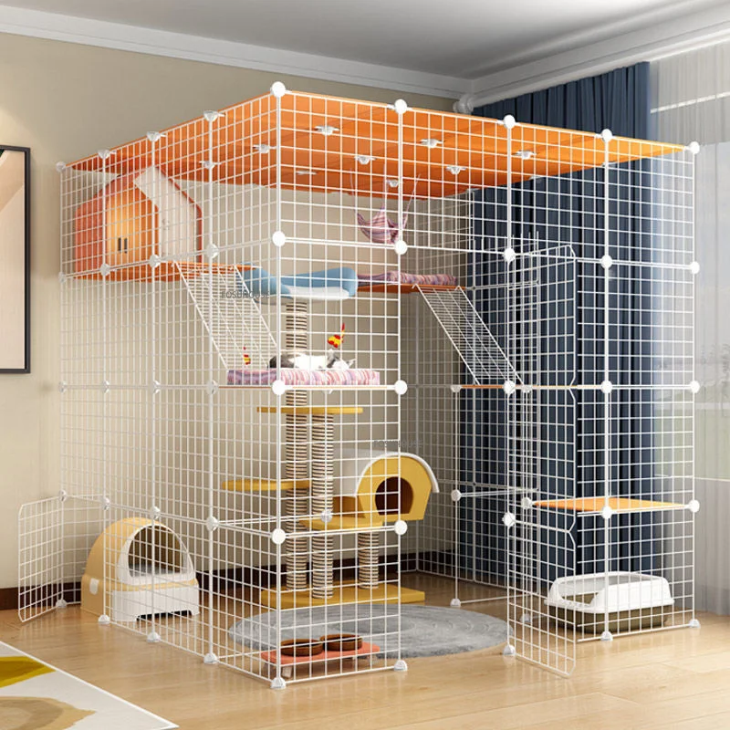 Mačka klietka Veľký voľný priestor luxusný mačka Villa Indoor Cat House Cattery Veľká veľkosť Štyri poschodia kované železne prázdne klietky