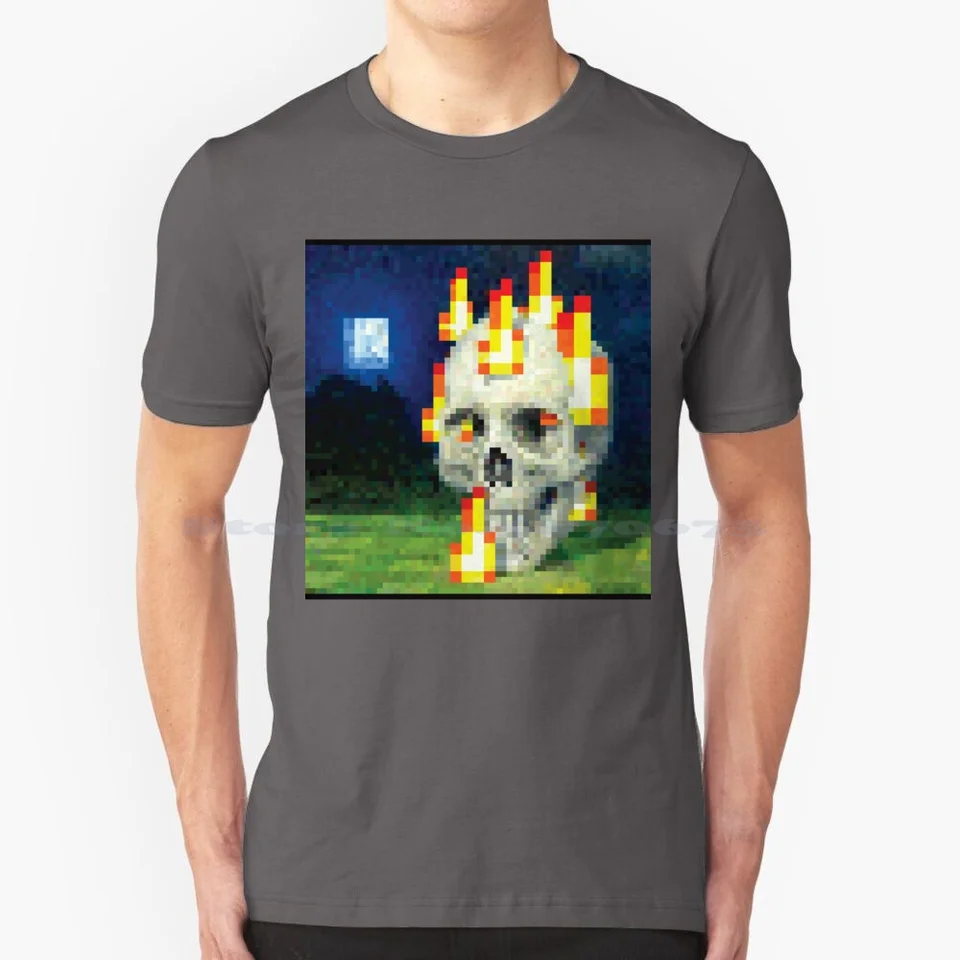 Maľovanie lebky na ohni tričko 100% bavlnené tričko maľba Burning Moonlight Skull pixel Art inštalácia