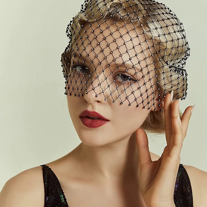 Maškarádová maska ​​pre ženy kamienok FishNet Turban Party Bonnet Hluch