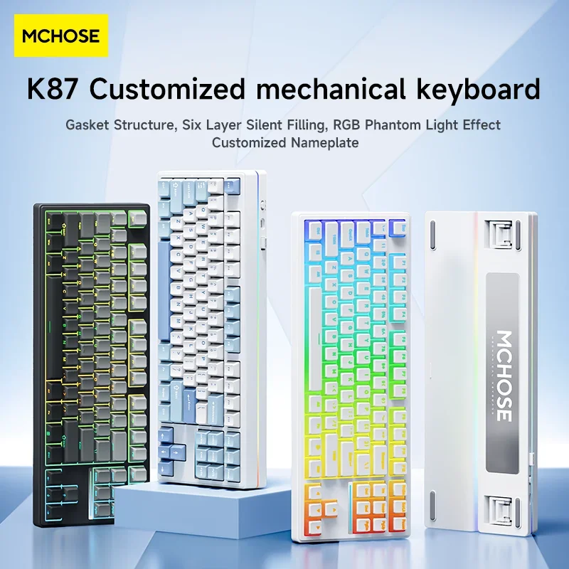 Mchose K87 Prispôsobená mechanická klávesnica Tesnenie štruktúry horúci kovový materiál Thri Mode E-Sports herná ergonómia