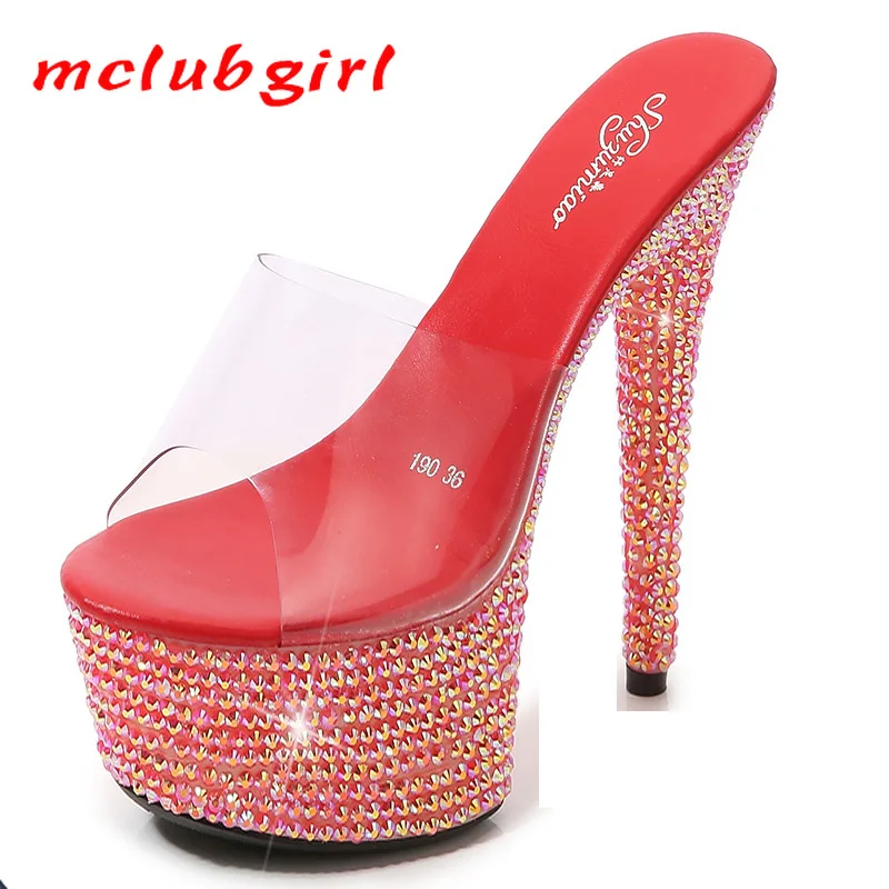 McLubgirl Shinestone Päta 13 cm 15 cm 17 cm 20 cm Platforma Crystal Slipper for Women Nighclub ukazuje sandále bling sandále lfd
