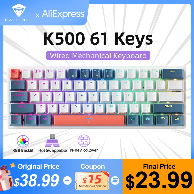 Mechanická klávesnica 60% Gamer Machenike K500-B61 káblová herná klávesnica 61 klávesy Hot Swapble RGB Light Anti-Ghosting ABNT2