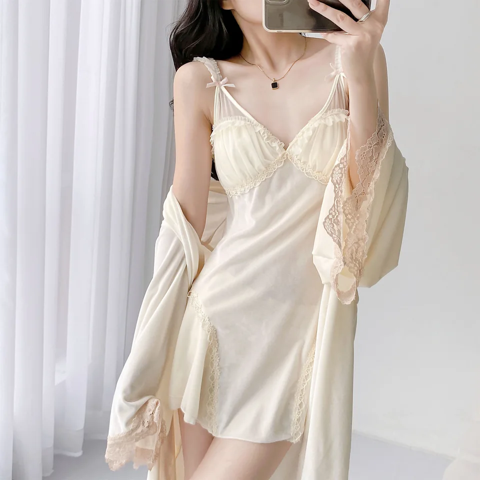 Mechcitiz 2 PCS Velvet ROBE GOWN SET Dám