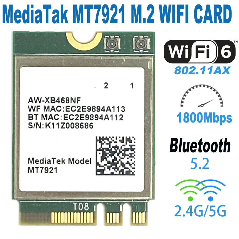 MediaTek MT7921 Desktop Kit Wi-Fi 6 1800 Mbps Bluetooth 5.2 Wireless Card 802.11ax 8DBI antény NGFF M2 pre Windows 10/11