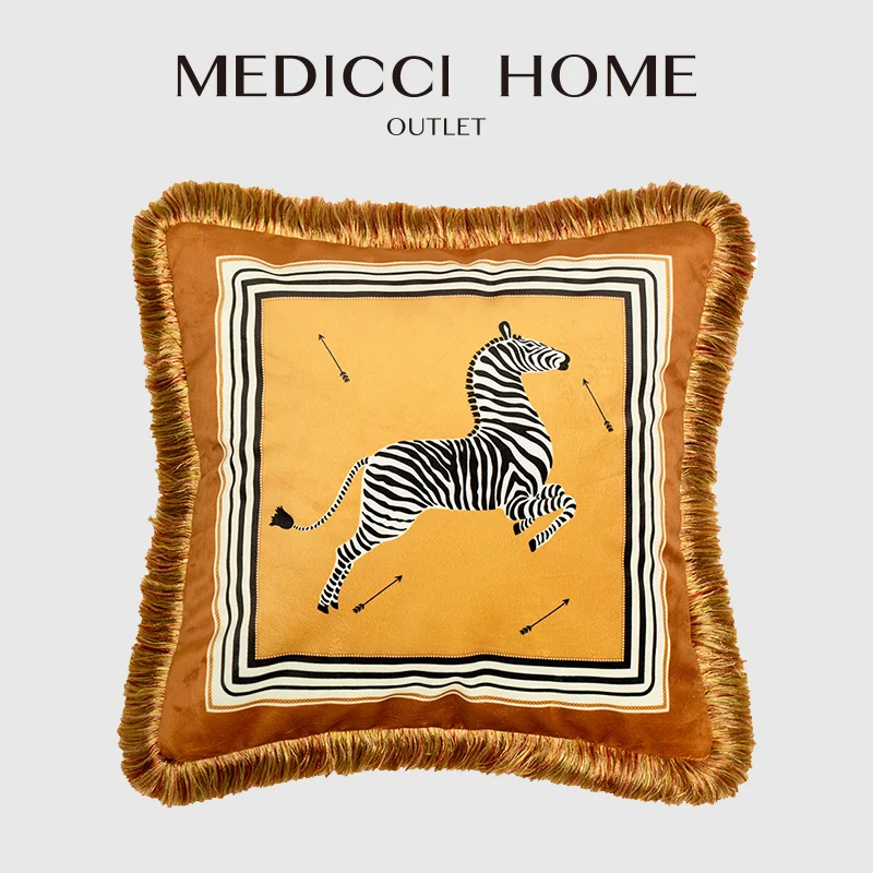 Medicci Home Italian Retro Luxury Cushion Cover Designer Arrows Zebra tlačený divoký elegantný elegantný vankúšový vankúš Fringed 53x53 cm